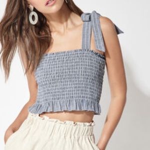 LA HEARTS - Blue Jean scrunchie crop top with tie tank top sleeves